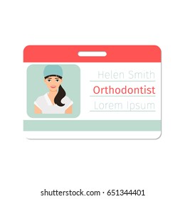 Female character of orthodontist medical specialist badge template for game design or medicine industry. Vector illustration