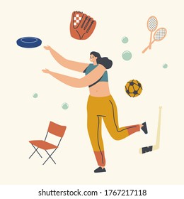 Female Character Outdoor Activity, Happy Woman Playing in Park Throw Flying Plate. Summer Vacation and Spare Time. Leisure Recreation, Summertime Holidays, Vacation Relax. Linear Vector Illustration