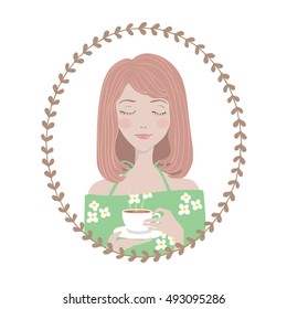 Female Character in oval round floral frame. Young woman, girl in green dress enjoys her cup of tea. Avatar for blogger.