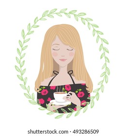 Female Character in oval round floral frame. Young woman, girl in dress with roses enjoys her cup of tea. Avatar for blogger.