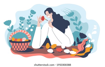 Female character painting eggs with colors and geometric traditional ornaments. Preparation for easter holiday. Woman with basket and decorative foliage. Orthodox event. Vector in flat style