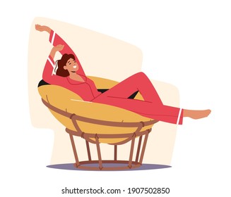 Female Character in Pajama Stretching and Relaxing in Comfortable Soft Round Chair. Woman Use Modern Decor Design Made of Natural Materials. Fashionable Furniture for Home. Cartoon Vector Illustration