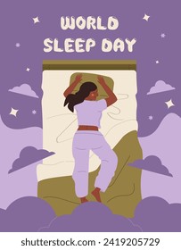 Female character in pajamas sleeps on the bed. World Sleep Day. time to sleep. good dream. Sleep day poster
