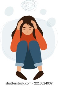 Female character panic attack  Depression  Girl afraid  Woman holding her head and her hands  Vector flat illustration 