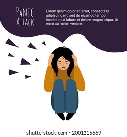 Female character panic attack  Girl afraid isolated white background  The girl is sitting the floor holding her head  Vector flat illustration  
