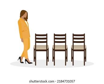 A female character in a pantsuit stands near three chairs on a white background