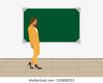 A female character in a pantsuit stands near a blackboard indoors