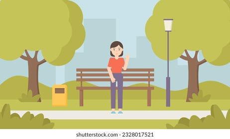 Female character in the park flat vector. Girl sits on a bench modern illustration. 