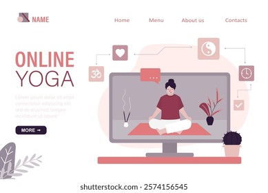 Female character participating yoga online workshop, workout, fitness. Girl doing yoga online, internet courses. Online yoga class, lessons on TV, landing page template. flat vector illustration