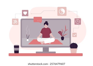 Female character participating yoga online workshop, workout designed to improve strength, balance, and flexibility. Girl doing yoga online, internet courses. Yoga class, lessons on TV. flat vector