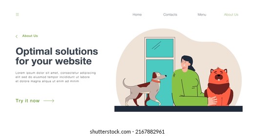Female character patting dog at home. Woman spending time with her pets flat vector illustration. Pet care, lifestyle, friendship, daily routine concept for banner, website design or landing web page