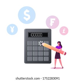 Female Character with Pencil Stand at Huge Calculator Counting Income, Profit or Loan. Financial Problems, Budget Crisis, Money Bank Finance Credit or Macroeconomics. Cartoon Vector Illustration