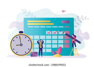 Female character with pencil writes cases in planner. Office workers make schedule. Businesspeople plan affairs and events. Concept of time management and deadline. Trendy flat vector illustration