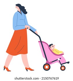 Carácter femenino con un perambulatador empujando un cochecito con un niño. Madre y bebé aislados, niño y madre afuera, pasando tiempo afuera. Maternidad y ocio infantil. Vector de estilo plano