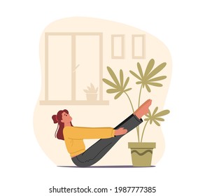 Personaje femenino en forma física perfecta haciendo ejercicios de fitness, yoga o aeróbic en casa, entrenamiento deportivo para el buen sentido y la vida sana, deporte femenino. Ilustración del vector de dibujos animados