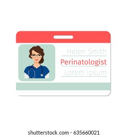 Female character of perinatologist medical specialist badge template for game design or medicine industry. Vector illustration