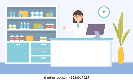 Female character pharmacist vector. Pharmacy flat modern illustration. Medicine background.