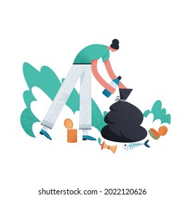 Female character picking up trash flat cartoon illustration. Ecological banner design. Waste recycling background.