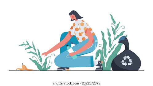 Female character picking up trash flat cartoon illustration. Ecological banner design. Waste recycling background.