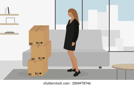 Female character with pile of cardboard boxes in living room