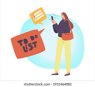 Female Character Plan Events, Meetings and Working Projects with Application on Smartphone Digital Device. Day Planning, Time Management, Mobile App, Schedule Reminder. Cartoon Vector Illustration