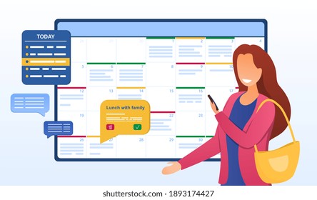 Female Character Planning Month. Concept Of Scheduling Appointments On Cell Phone In Calendar Application. Woman Is Adding Event, Meeting Reminders In Planning App. Flat Cartoon Vector Illustration