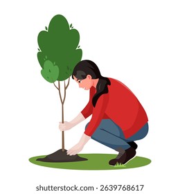 Female character planting a young tree, flat style on white background. Concept of eco-friendly lifestyle and nature care. Vector illustration