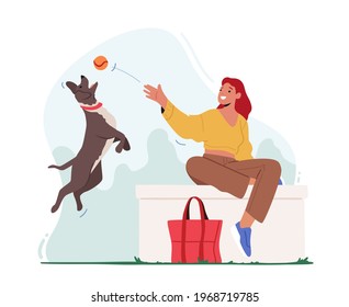 Female Character Playing Ball with Pet Spending Time at Summertime City Park. Leisure, Communicating with Home Animal in Park. Woman Walking with Dog Outdoors, Relaxing. Cartoon Vector Illustration