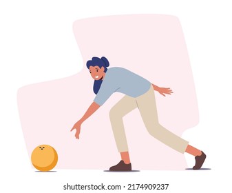 Personaje femenino jugando al bolos, lanza bola a los pines. Ocio, estilo de vida activo, la mujer pasa tiempo en el Bowling Club el fin de semana, descanso relajado, deporte, actividad. Ilustración del vector de dibujos animados