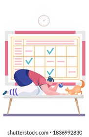 Female character playing with cat. Pet owner spending time with playful kitten. Woman showing ball of threads to kitty. Loving girl having fun with animal. Schedule with check marks on the background