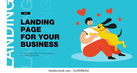 Female character playing with cute dog. Woman sitting on ground and laughing, animal jumping on lap flat vector illustration. Pets, domestic animals concept for banner, website design or landing page