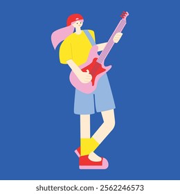 Female character playing electric guitar. Flat vector illustration 