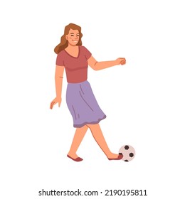 Female character playing football, isolated woman kicking ball. Mother personage having fun outdoors, sportive games and active lifestyle. Flat cartoon, vector in flat style