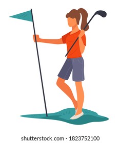 Female character playing golf in field, isolated girl or teenager outdoors. Golfer holding pole with flag, lady practicing sports. Hobby of teen girl, active lifestyle in summer, vector in flat
