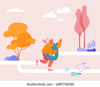 Female Character Plogging. Young Woman Pick Up Litter During Jogging in Nature and Put in Bag for Recycling. Girl Collect Garbage while Running. Environment Eco Concept. Cartoon Vector Illustration