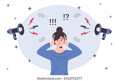 Female character plugs ears hands. Lots information around. Noisy news background. Woman covered ears her hands. Lots different information. Emotional stress. Vector illustration on white background.