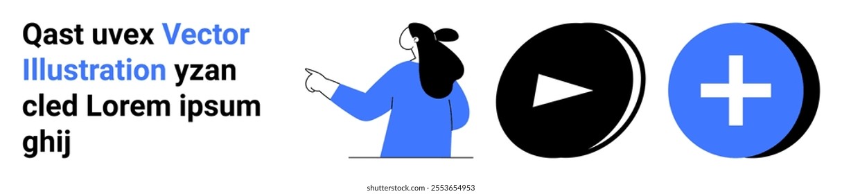 Female character pointing, a black play button, and a blue add button. Ideal for user interface, digital media, web design, e-learning, and multimedia applications. Landing page