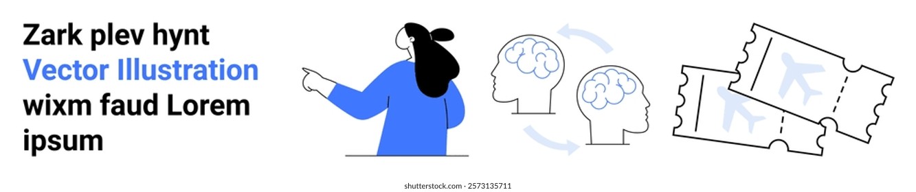 Female character pointing at brain icon highlighting mental processes and ticket icon with text elements. Ideal for educational content, mental health awareness, event promotion, graphic design