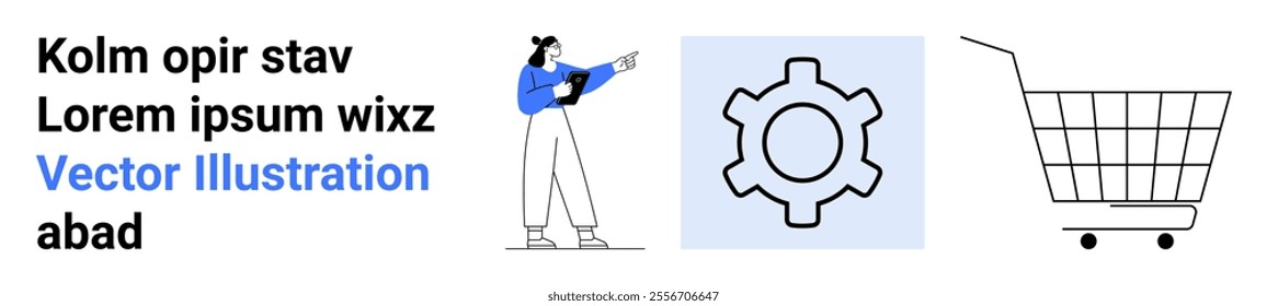 Female character pointing to a cogwheel, a gear icon representing settings or configuration, and a shopping cart. Ideal for e-commerce, online shopping, retail, digital marketing, and website design