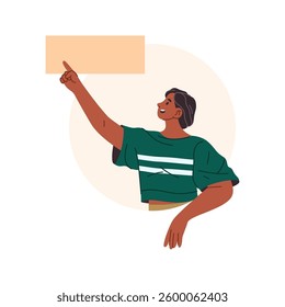 Female character pointing finger at empty banner. Vector isolated smiling young woman giving advice, showing solution to problem. Advertisement of product or recommendation from a friend