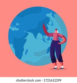 Female Character Pointing with hand on Earth Globe. Peace and Ecology Protection Concept. Woman Pacifist or Volunteer Planet Save Propaganda, Positive Thinking, Humanity. Cartoon Vector Illustration