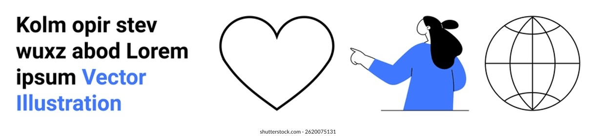 Female character pointing at heart and globe symbols with adjacent text block. Ideal for web pages, educational material, presentations, social media graphics, infographics, marketing content. Banner