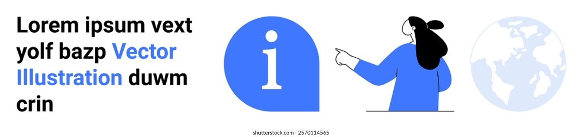 Female character pointing at an info icon. Ideal for business presentations, information dissemination, global communication, customer support, educational content. Banner for landing page