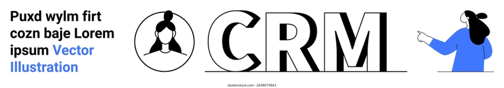 Caractere feminino apontando para texto grande do CRM. Inclui elementos abstratos e texto de exemplo. Ideal para marketing, atendimento ao cliente, soluções empresariais, ferramentas on-line, sistemas de CRM, materiais educacionais