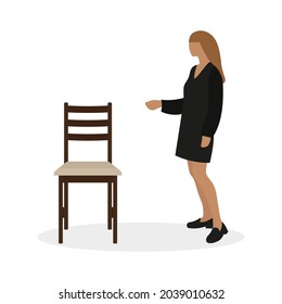 Female character points with hand to chair on white background