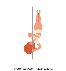 Female character of pole or striptease dancer for fitness activity and show advertising. Woman dancing on pole flat vector illustration isolated on white background.