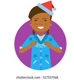 Female character, portrait of African American woman wearing Santa costume, holding Christmas ornament