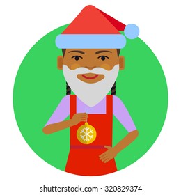 Female character, portrait of African American girl wearing Santa hat, fake beard, holding Christmas ball