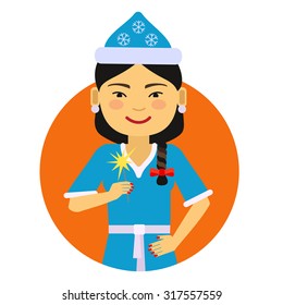 Female character, portrait of Asian woman wearing Santa costume, holding sparkler