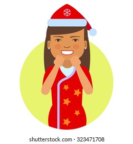 Female character, portrait of excited woman in red Santa costume